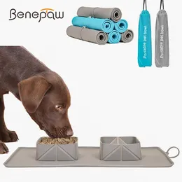 Alimentação benepaw tigelas duplas dobráveis para cães com esteira antiderrapante portátil de silicone não tóxico tigela de viagem para cães pequenos, médios e grandes