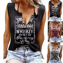 Kadın Tankları Camis Style Fun Letter Baskı vneck kolsuz tshirt yaz rahat gevşek üst moda seksi blusen damen 230509