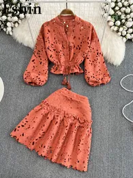 Two Piece Dress Eshin V Neck Hollow Embroidered Lantern Sleeve Short Shirt Solid Mini Skirt 2 Suit Women Spring Fashion TH2512 230509