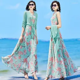 Arbetsklänningar damer Summer Dress Suits For Office Wear Thin Coat and Kne Length Floral Female Two Piece Set Suit A66