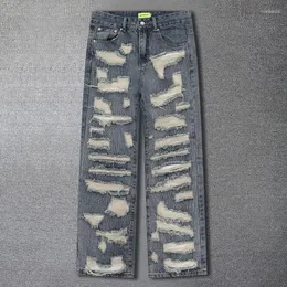 Herr jeans boot cut män gör gamla hål jean kvalitet manlig rippad hål design hiphop stil byxor för pantalon vaqueros hombre