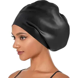 Simkåpor Silikon Stor simning CAP för långt hår Braid Waterproof Women Dam Dykning Hood Hat Loose Head African Over Size 230508