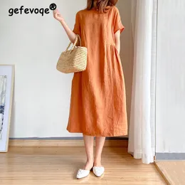 Casual klänningar sommar överdimensionerad lös casual långa klänning kvinnor solid färg kort ärm bomull vintage vestidos de fiesta chic robe femme 230509