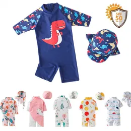 Dziecięce dzieci dziecięce chłopcy Kąpiel UV Słońce Protect with Hat 2 szt. Zestaw dinozaurów Kąpiel Kąpiec One Piece Baby Beach Kąpiec P230509