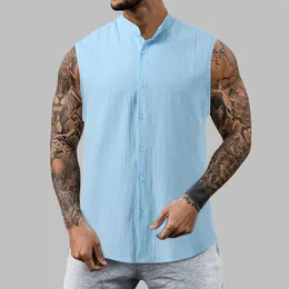 Men's Tank Tops Mens Fashion Fitness Street Solid Color Cotton Linen Casual Vest Collar Pajama T Shirts For Men Shirt