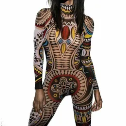 Women's Jumpsuits & Rompers Woman Long Sleeve Tattoo Jumpsuit African Aztec Printed Mesh Bodysuit S-XL 8019