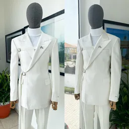 Men's Suits Blazers Fashion Design 2 Pieces White Men Suits Two Buckles Custom Made Tailored Handsome Suits Formal Party Suit CoatPant 230509