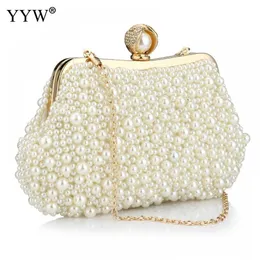 Kvällspåsar Luxury White Pearl Pärled Clutch Purse Party Bridal Wedding Shoulder Handväskor Designer Bag Women Bankettkopplingar 230427