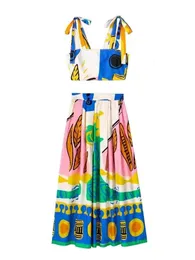 فستان من قطعتين TRAF نساء مطوي MIDI تنانير مجموعات أزياء طباعة المرأة بدلة المحاصيل أعلى مجموعة فضفاضة مجموعة النساء 230509