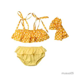 Tvådelar baby flickor gul prick baddräkt baby flickor ärmlös Sling Bikini Set Ruffles Badkläder Girls Swim Clothes Set