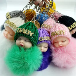 Keychains Lanyards 10pcsLot Sleeping Doll chain Pompom Faux Rabbit Fur Ball Chain Fluffy Car ring porte clef Bag Ring 230508