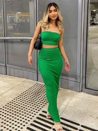 Two Piece Dress Summer Sexy Green Set Women Casual Off The Shoulder Vest Slim Maxi Skirts Matching Sets Solid Ladies Tracksuit 230509