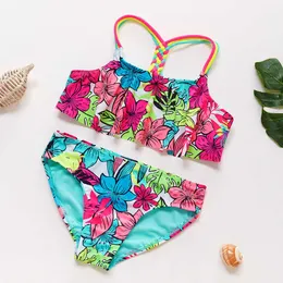 A moda de banho infantil 4-18a meninas de roupas de banho adolescente infantil de biquíni floral tropical