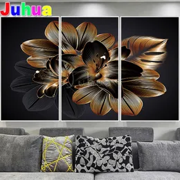 Stitch Full Square Round Drill Leaf Diamond Embroidery Golden Lily Flowers 5d Diy Diamond Målning Mosaik Abstrakt Triptych Home Decor