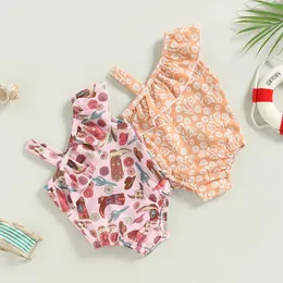 Barns badkläder sommar nyfödda flickor baddräkter 0-3y en axel rufsade stövlar kaktus blommor tryck bodysuits bikinis strandkläder p230509