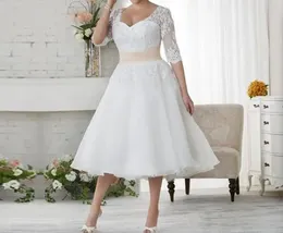 Gowns New Sexy 1/2 Sleeve Lace Wedding Dresses Cheap Beach Chiffon Tea Length Plus Size White Ivory Formal Women