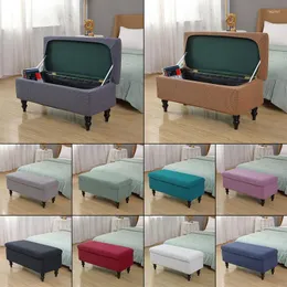 Chair Covers Solid Color Storage Ottoman Rectangle Elastic Bedside Footstool Cover Non-Slip Polar Fleece Footrest Seat Bench Slipcover