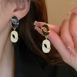 Dangle Earrings Minar Korea Black White Contraving Monatring for Women Lady Gold Plated Copper Hollow Hollow Drop Long 2023