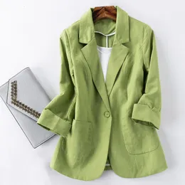 Ternos femininos Blazers Jaqueta de linho de algodão Mulheres de verão fora de alta qualidade Solid Solid Button entalhou com três quartos de manga 230509