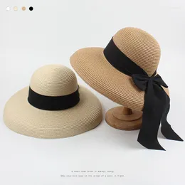 Wide Brim Hats 2023korean Summer Women's Straw Hat Fashionable Retro Bow Sunshade Seaside Holiday Foldable Cornice Women