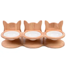 Feeding Pets Ceramic Double Bowl Dog Cat Food Water Feeder Stand Raised Ceramic Dish Bowl Wooden Dining Table Pet Supplies