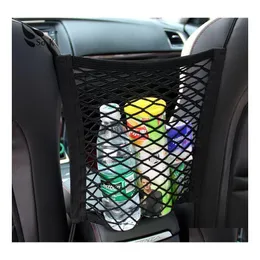 Organizador del coche Accesorios interiores Asiento trasero de almacenamiento Bolsa de red de malla elástica entre Lage Holder Pocket para automóviles 30X23Cm Drop Del Dhhbd