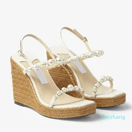 2023-Summer Luxury Amatuus Sandals Shoes Latte Nappa Latte Wedge Pearls and Crystal Embelling Evening Dress Party Lady Walking EU35-43