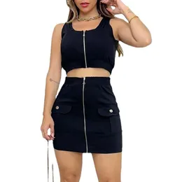 Two Piece Dress Pant Set's 2023 Solid Color Sleeveless Short Vest High midja dragkedja Patch Pocket Hip Skirt Twopiece Set Conjuntos 230508