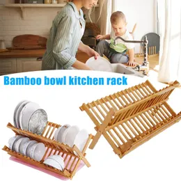 Organization Bamboo Foldable Dishes Drainer Wooden Plates Mugs Rack Stand Holder 2Tier Folding Kitchen Supplies _WK