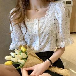 Womens Blouses Shirts Fashion Summer Short Sleeve Woman White Blouse Women Elegant Square Collar Hollow Out Korean Lace Shirt Blusas 13934 230509