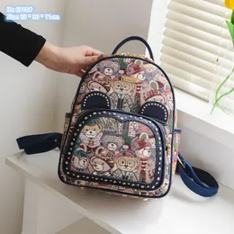 Factory outlet ladies shoulder bag 3 colors this year popular thick canvas leisure backpack cute cartoon printed bear backpacks personalized rivet handbag 6918#