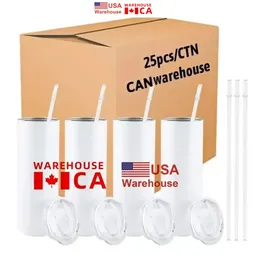 CA USA Warehouse Sublimation Tumblers Mugs Blank 20oz White Straight Blanks Heat Press Mug Cup With Straw Can With Bamboo Lid G0509