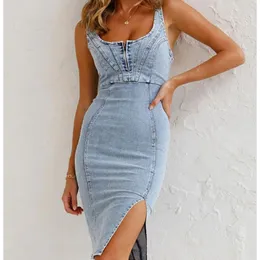 Casual Kleider 2023 Sommermode Sexy Side Split Ärmellos Skinny Vintage Reißverschluss Bandage Elegante Strap Denim Kittel Frauen Jeans Kleid