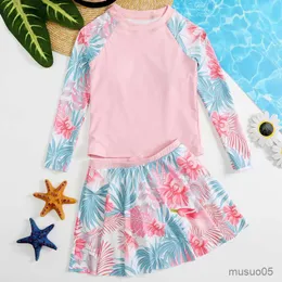 Two-Pieces 1-12 Baby Girl Split Swimsuit Spring Summer Flower Print T-shirt Skirt Suit for Babies Fashion Kids Clothes Girls Swimwear