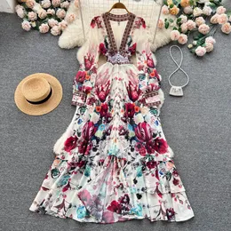 Casual Dresses Women Deep VNeck Bohemian Style Dress Spring Summer Runway Long Sleeve Floral Print Ruffles Sweet Cascading Vestidos 230509