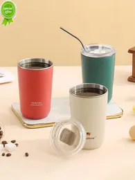 WorthBuy Portable Coffee Mug 18/8 rostfritt stål kaffekopp med halmlock te mjölkvattenmugg för barn vuxen till skolarbete
