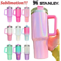 Stanly 40oz Tumbler mit Logo Sublimation Glitter Rainbow Tassen mit Griff Edelstahl Isoliert Reise Kaffeetassen Thermos Wasserflaschen 1pc