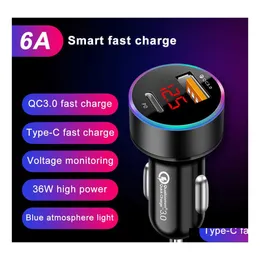 Annan Auto Electronics USB Car Charger Mini LCD Display 3.0 Snabbladdning 6A 36W FAST FÖR TELEFON 12 HUAWEI Typ C Mobile Drop Delivery DH8ZV