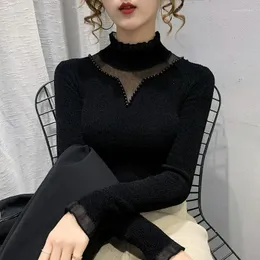 T-shirt da donna Dolcevita in garza impiombata in velluto Camicia calda da donna Top invernale Intimo termico Interno nero Abbigliamento per il corpo Moda coreana