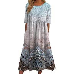 Dresses 2023 Summer New Europe and America Fashion Loose Floral Printed Round Neck Short Sleeve Spliced Pocket Loose Waist Long Dress