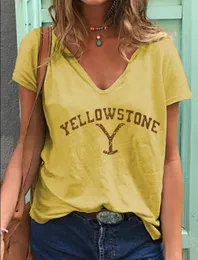 Damen T-Shirt YELLOWSTON Frau Tops Casual Baumwolle V-Ausschnitt ärmelloses T-Shirt weiblich lose bedrucktes T-Shirt Femal Sexy Kleidung Mujer Camisetas 230510