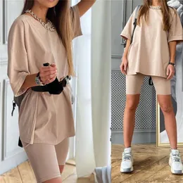 Kvinnors tvådelade byxor Casual Solid Outfits Suit With Belt Home Loose Sports Tracks Fashion Leisure Bicycle Summer 230510