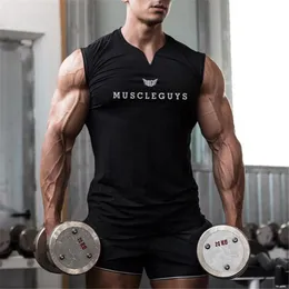 Men's Tank Tops Muscleguys Brand Gym Clothing V Neck Compression Sleeveless Shirt Fitness Mens Top Cotton Bodybuilding top Workout Vest 230509