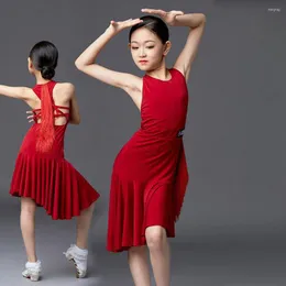 Vêtements de scène enfants filles robe de danse latine H9161 rouge sans manches glands Costume de formation pour Jazz Chacha Samba salle de bal Performance
