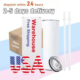 CA USA Warehouse SubliMation Tumblers Mugs Blank 20oz White Straight Blanks Heat Press Mug Cup With Straw Can With Bamboo Lid 0511