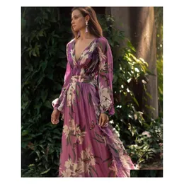 Casual Dresses Autumn Women Fashion Bohemian Floral Printed V Neck Long Sleeve Pleated Chiffon Dress Wholesale Ship Z4 Drop Delivery Dhoh1