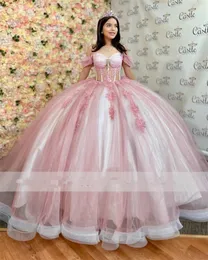 New Arrival Pink Lace Ball Gown Quinceanera Dresses 2023 Off Shoulder Crystal Appliques Sweet 16 Dress Lace -up Vestido 15 Anos