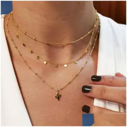Pendant Necklaces New Vintage Mti Layer Chain Necklace For Women Gold Color Beads Sequins Cactus Choker Drop Delivery Jewelry Pendant Dh2Lk