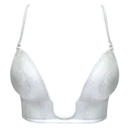 Bras YANDW White Push up Bra sexy plunge Deep Gather Simple transparent Straps Floral Silicone women bra 70 75 80 85 90 95 A B C D E 230509