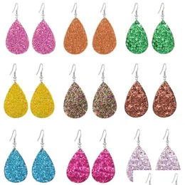 Charm Shiny Sequins Teardrop Leather Earrings Glitter Sparkly Colorf Designer Jewelry Big Statement Water Drop For Women Deli Dhgarden Dhmak